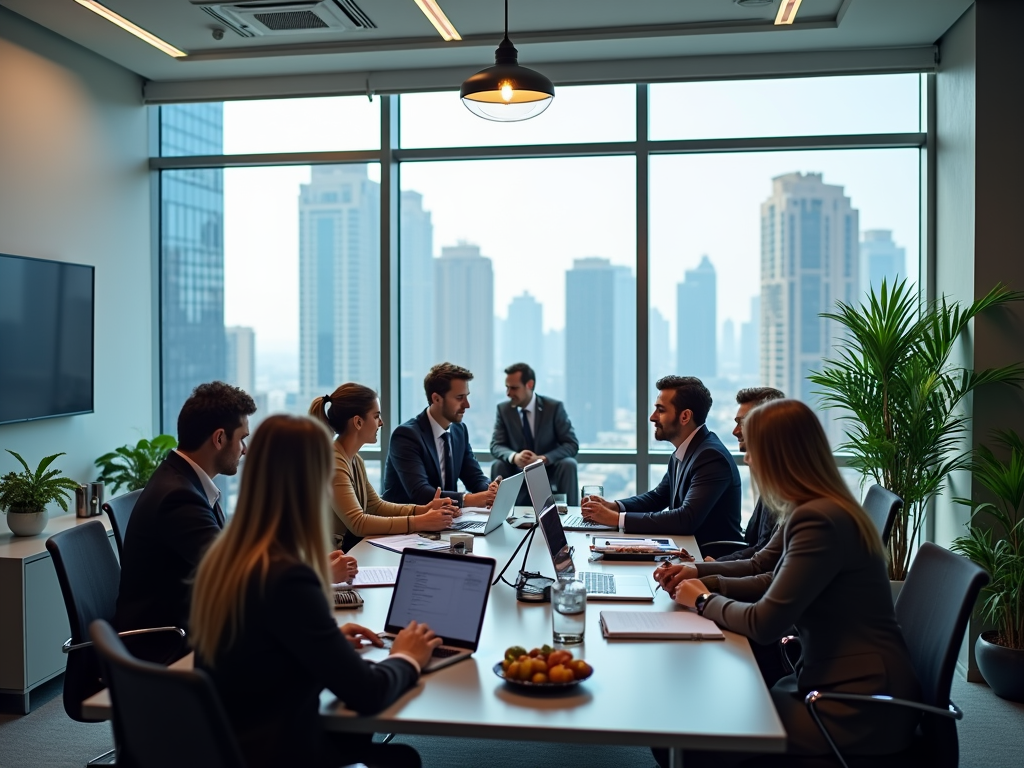 A business meeting is taking place in a modern office with a city skyline view, featuring professionals at a table.