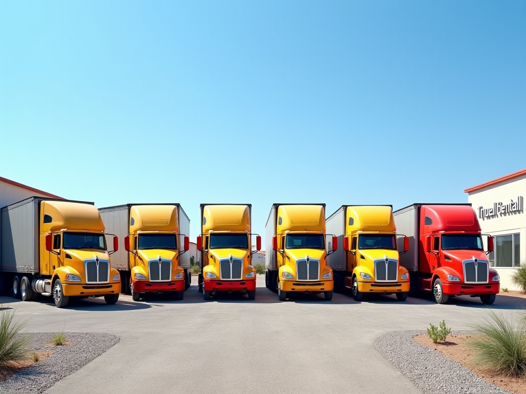 Line of colorful trucks parked in front of a truck rental facility under clear blue sky.