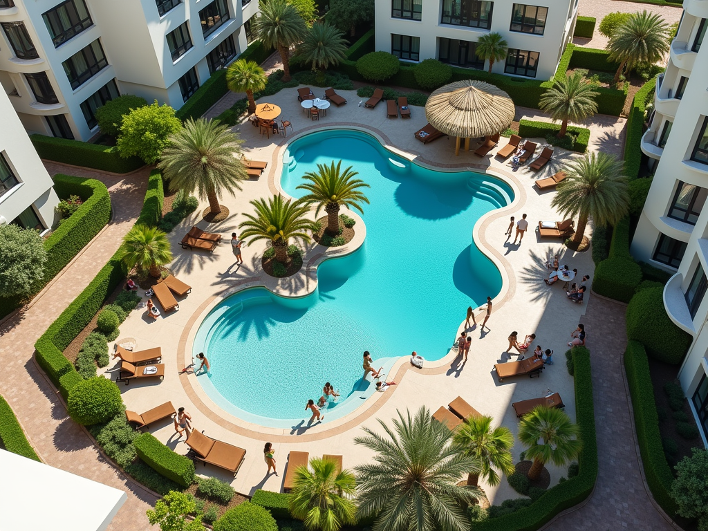 Aerial view of a resort pool surrounded by palm trees, lounge chairs, and people enjoying the sunny day.