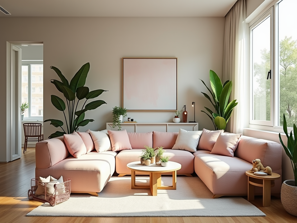 Sunny living room with a pink sofa, large plants, and a soft beige color palette.