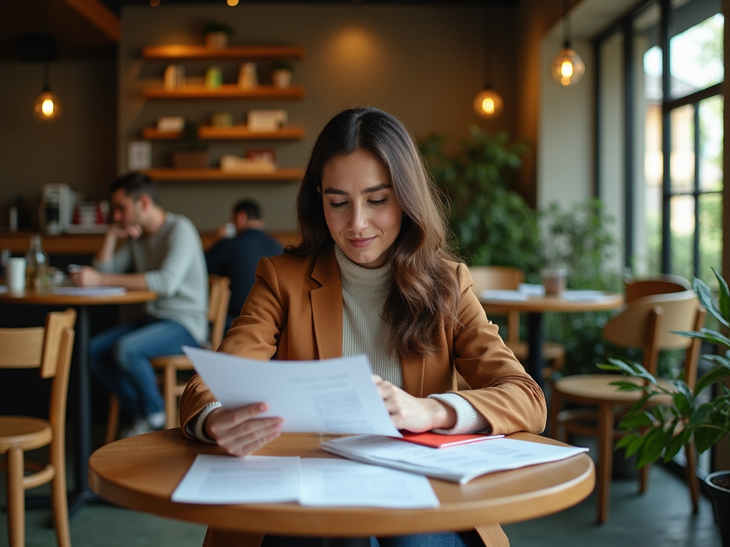 Woman reading documents at a cafe table, with other patrons in the background.