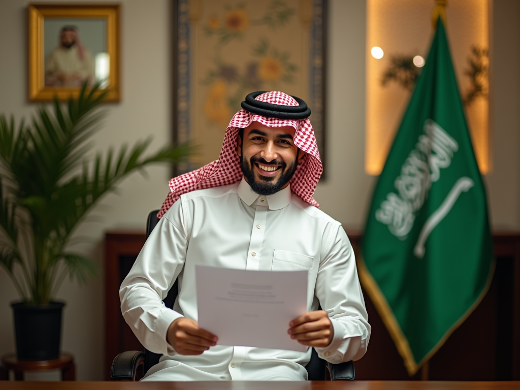 Smiling man in traditional Saudi attire holding a document, with Saudi flag in background.