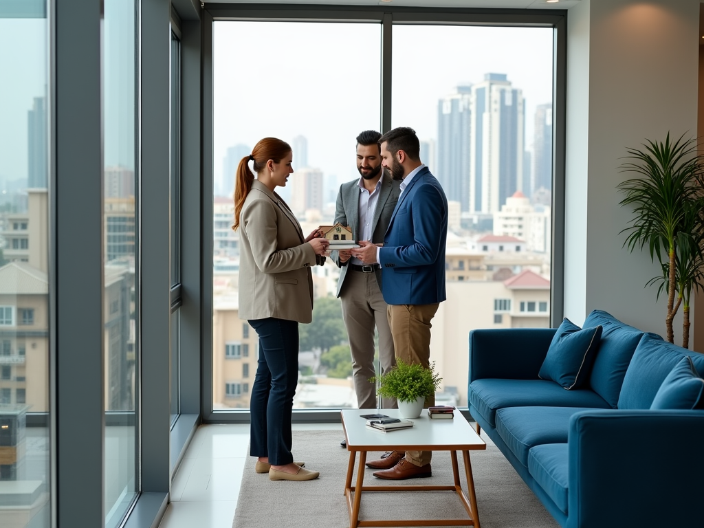 Two men and a woman discussing over a model house in a modern office with a city view.