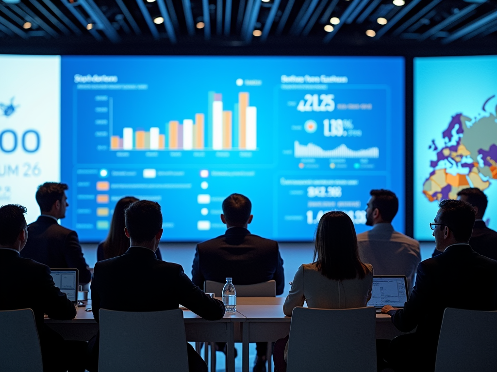 Professionals watching a presentation with colorful graphs and data statistics on screens.