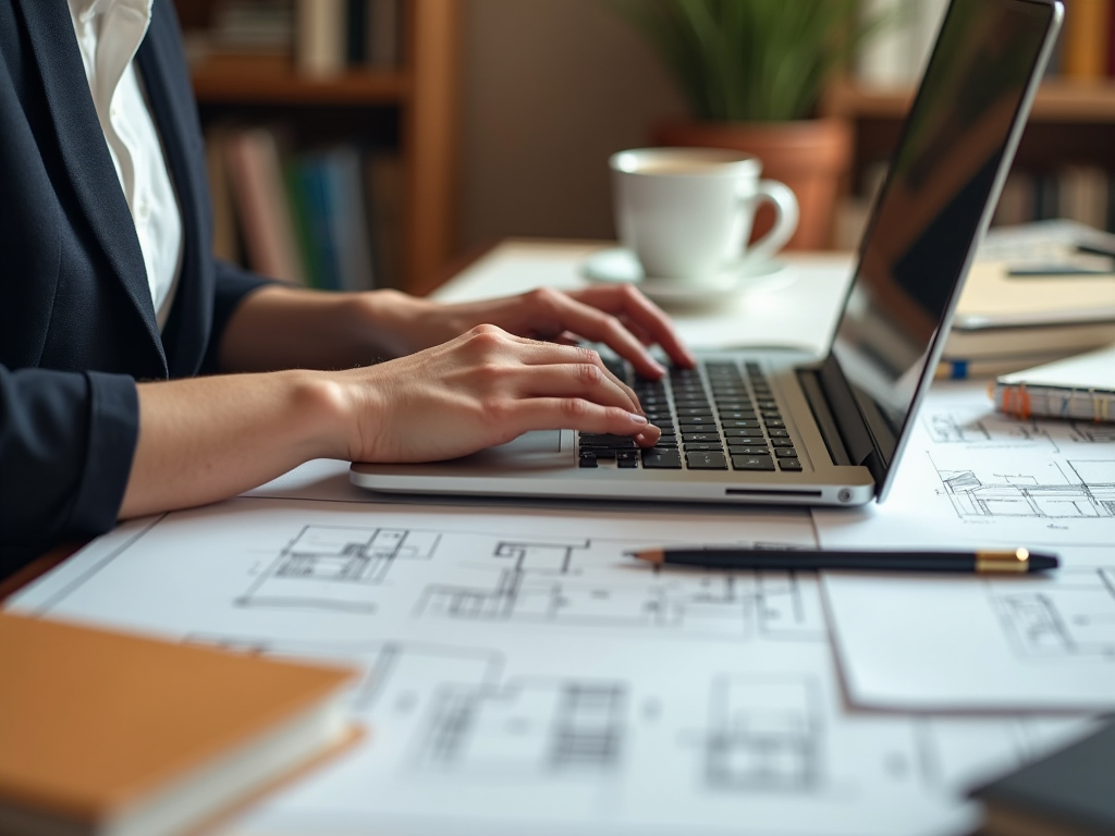 Person using laptop on desk with coffee and architectural plans.