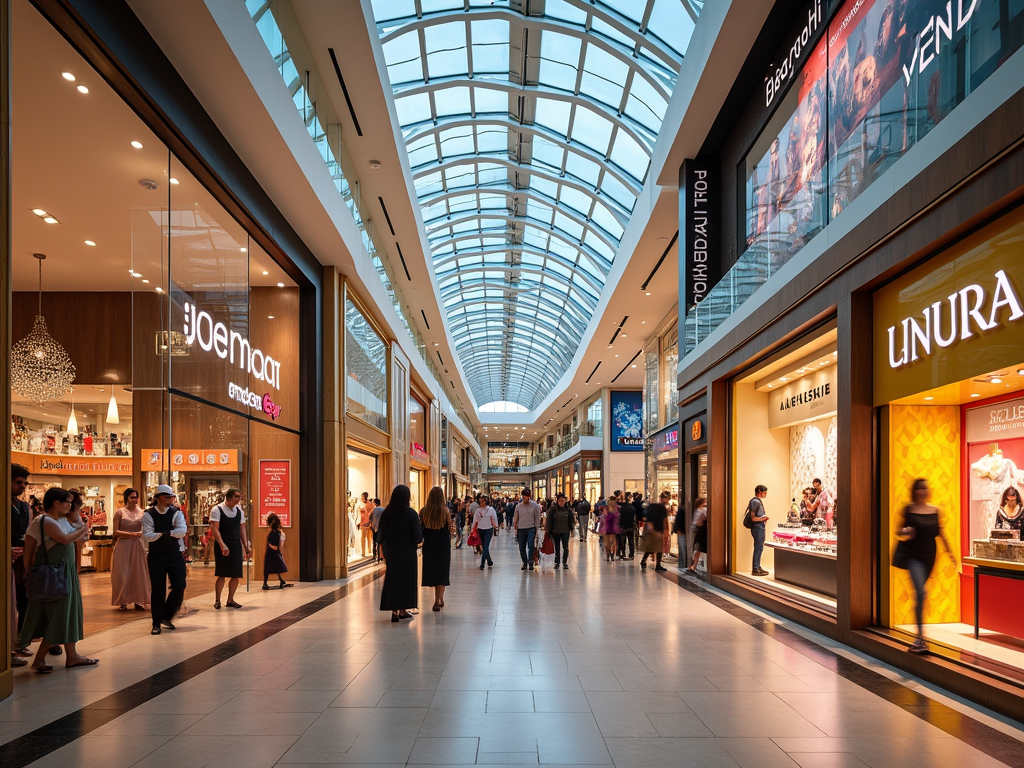 A spacious shopping mall with glass ceilings, featuring various stores and a crowd of shoppers.