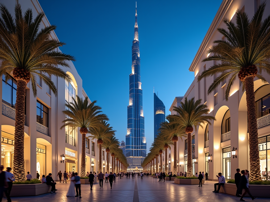 A vibrant plaza lined with palm trees leads to the Burj Khalifa, tall against the twilight sky in Dubai.