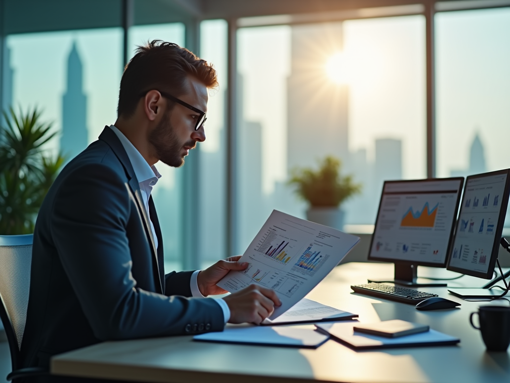 A business professional analyzes reports with graphs at a desk, with city skyline and sunset in the background.