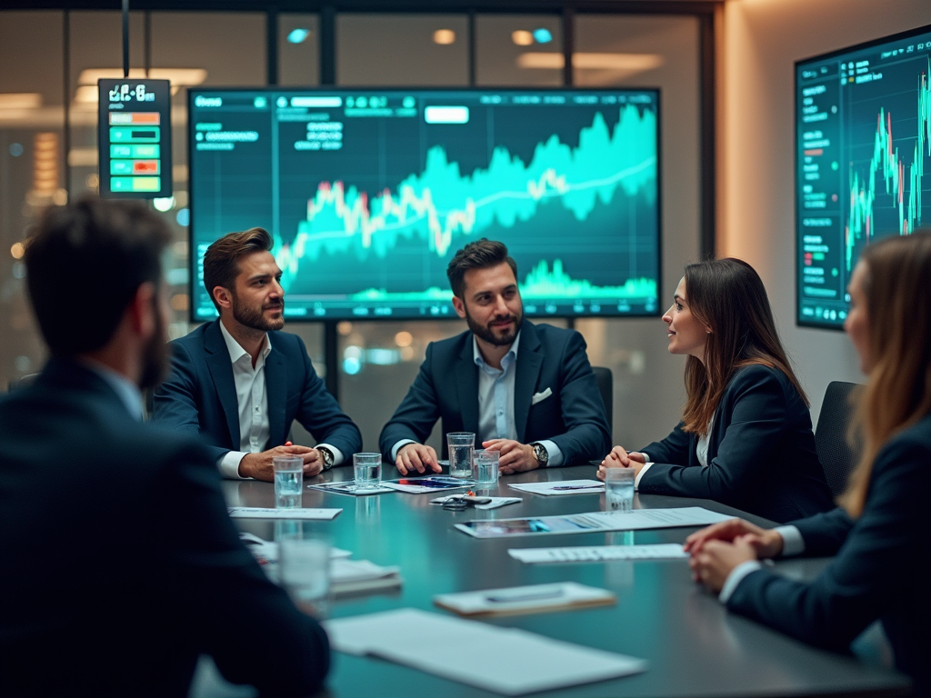 Business professionals discussing with digital financial charts in the background in a night-time office setting.