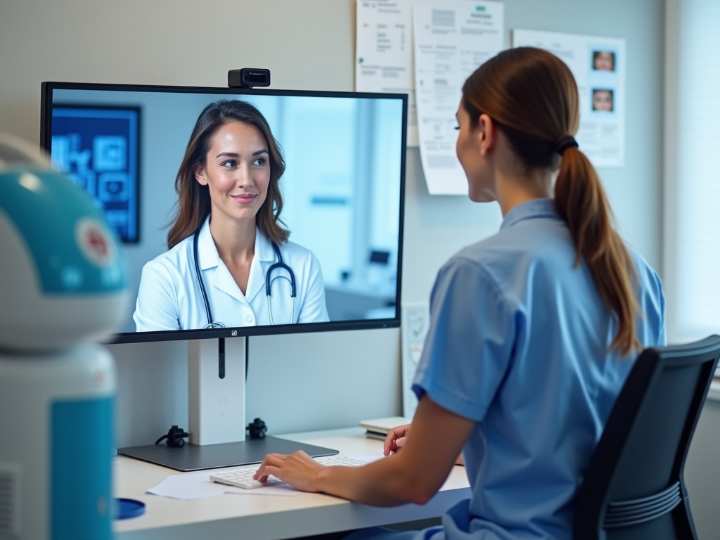 Telemedicine consultation: nurse interacts with doctor on a video call.