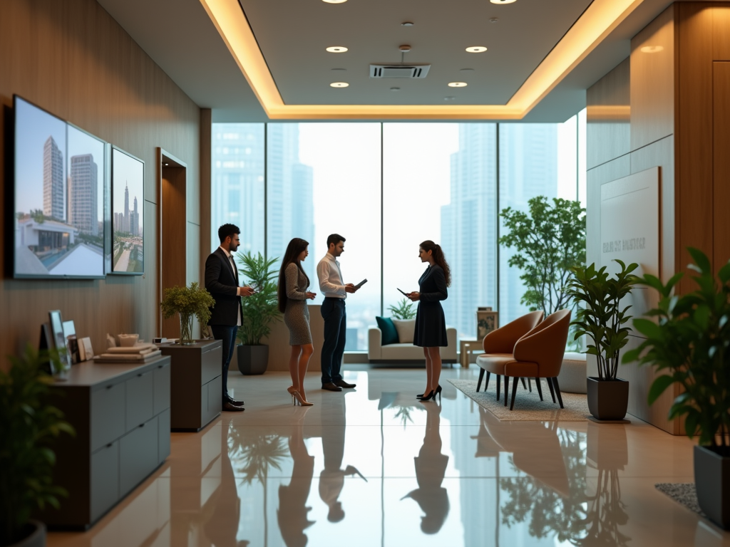 Four professionals conversing in a sleek, modern office with large windows and city views.