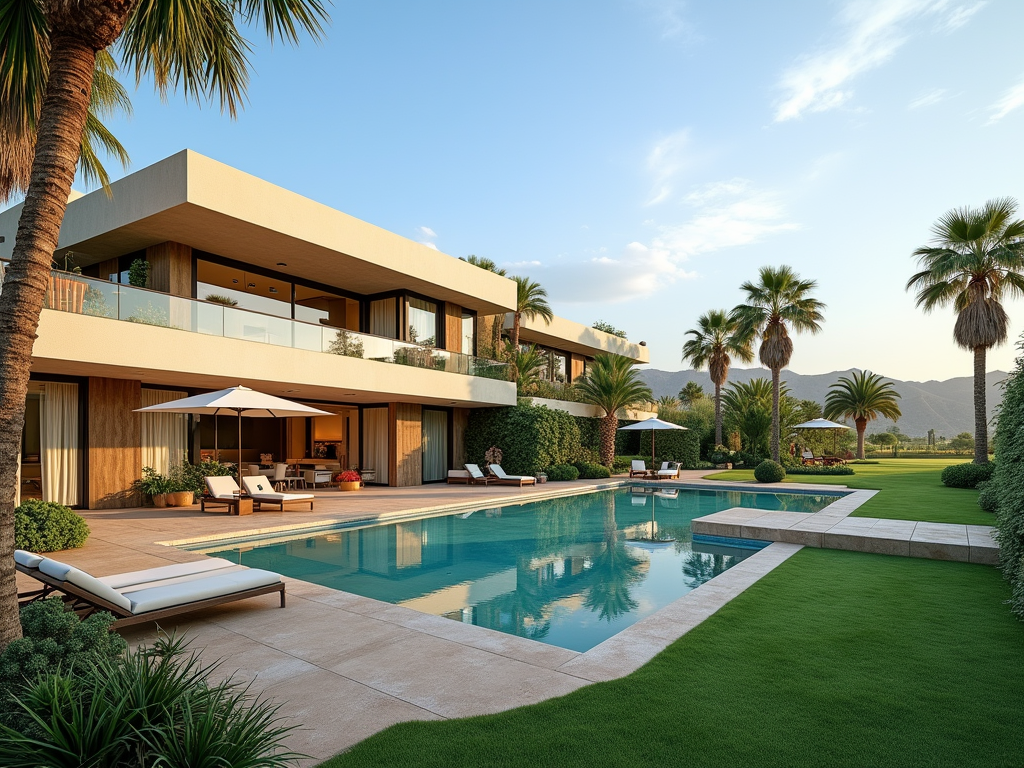 Luxurious modern villa with pool, palm trees, and mountain backdrop at sunset.