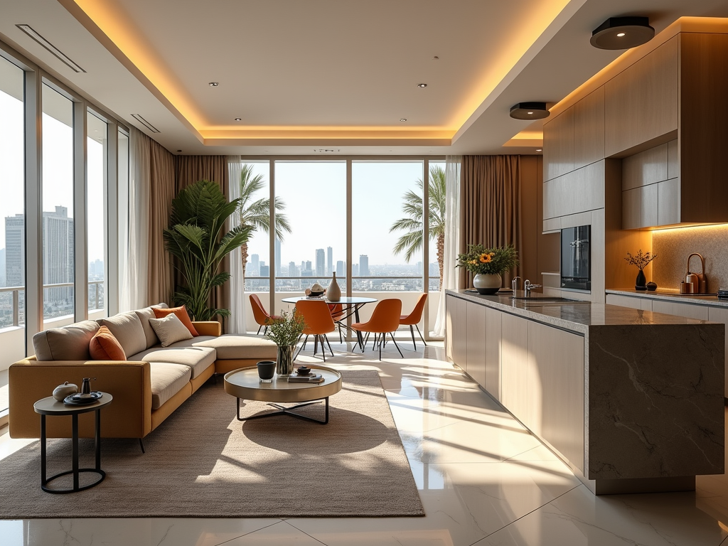 Modern, sunlit apartment living room with city skyline view, blending kitchen and dining areas elegantly.