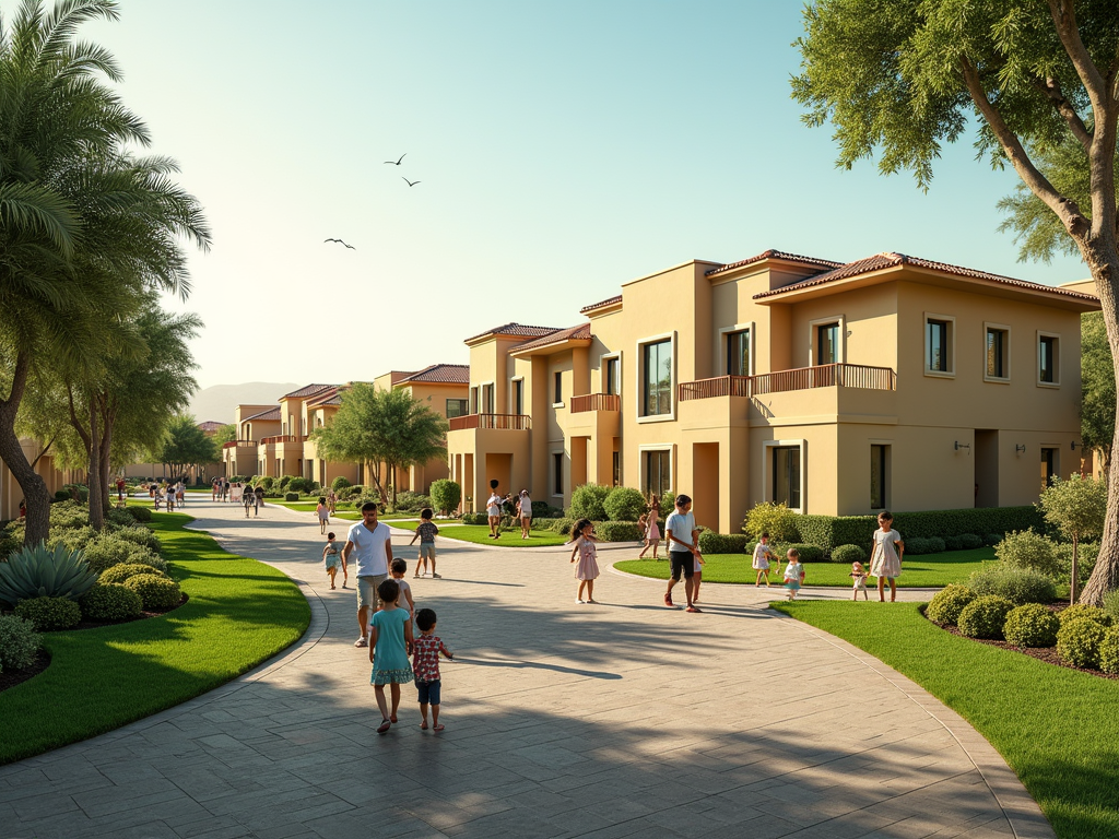 A sunny residential area with families and children walking along pathways lined with greenery and modern homes.