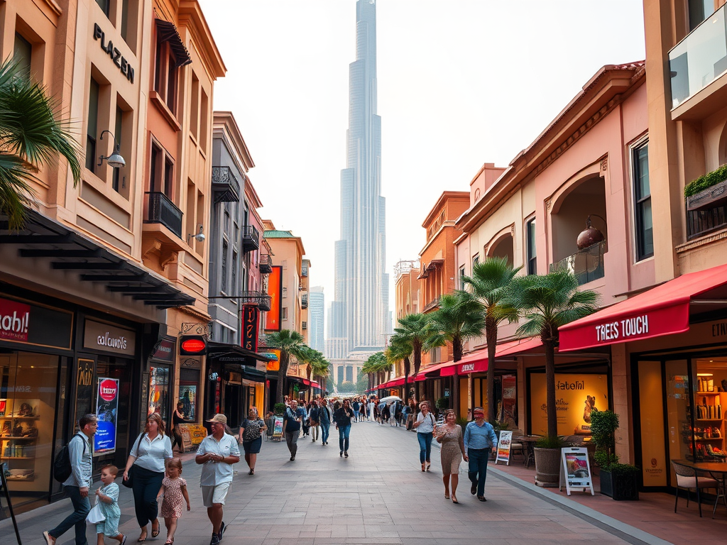 A bustling shopping street lined with colorful buildings and palm trees, leading to a tall skyscraper in the distance.