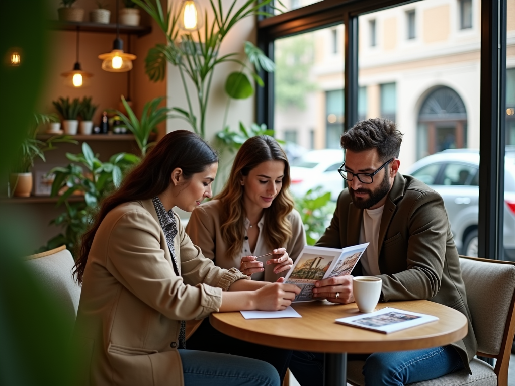 Three people examining documents at a cozy café table, surrounded by plants and warm lighting.