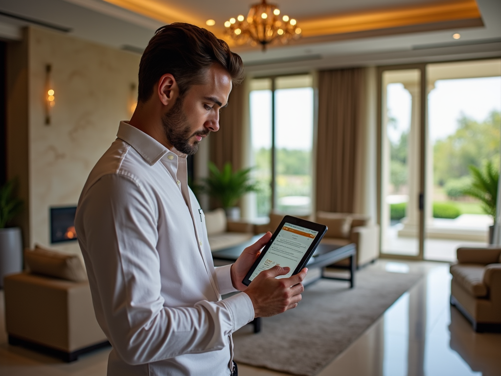 A young man in a white shirt uses a tablet, standing in a stylish, well-lit living room with large windows.