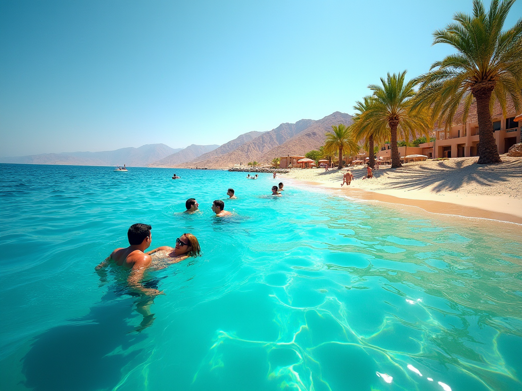 Tourists enjoying a clear turquoise sea with a sandy beach and palm trees against a mountain backdrop.