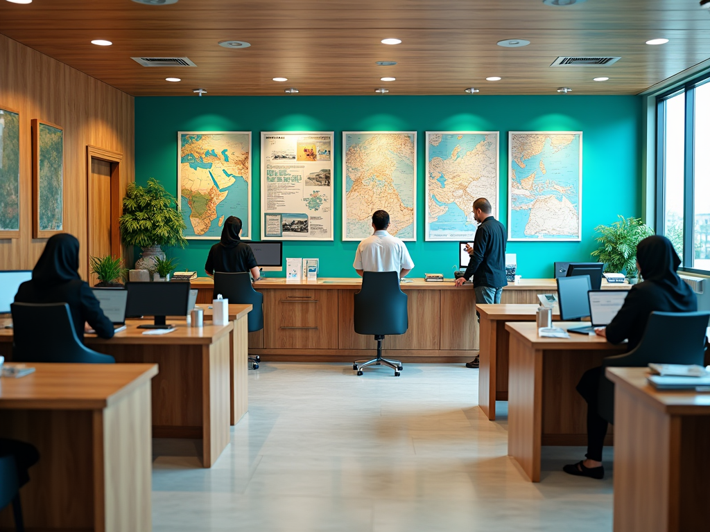 People work and discuss in an office adorned with maps and posters.