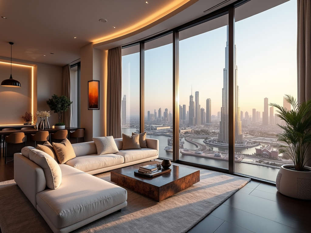 Luxurious living room with large windows overlooking a city skyline at sunset.