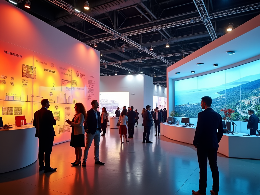 People viewing exhibits at a modern technology conference with informational displays and a large screen showing a scenic view.