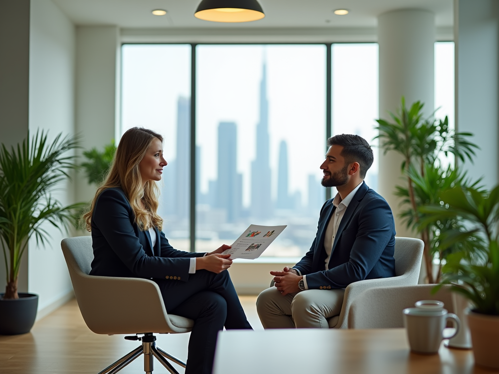 A woman and man are engaged in a discussion, reviewing documents in a modern office with cityscape views.