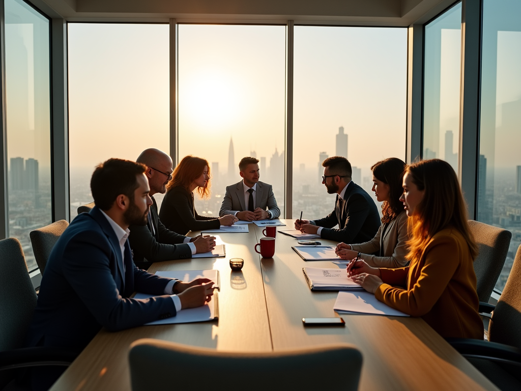 A group of professionals in a meeting room with a city skyline view during sunset, engaging in discussion.