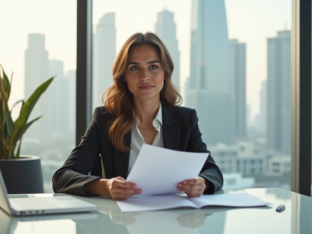 Businesswoman holding papers, sitting at a desk with a laptop, in an office with a city skyline view.