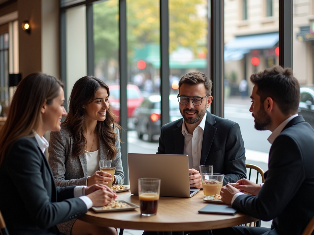 Four professionals sit at a table, engaged in conversation, with laptops and drinks in a modern café setting.