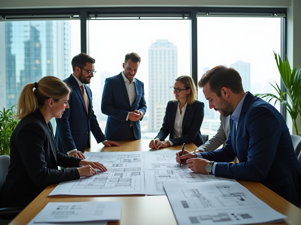 Professionals discussing architectural plans at a table in a modern office with cityscape views.