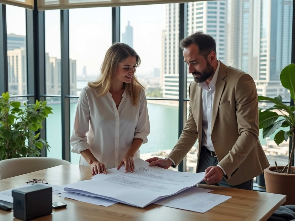 Man and woman review documents in a modern office overlooking skyscrapers.