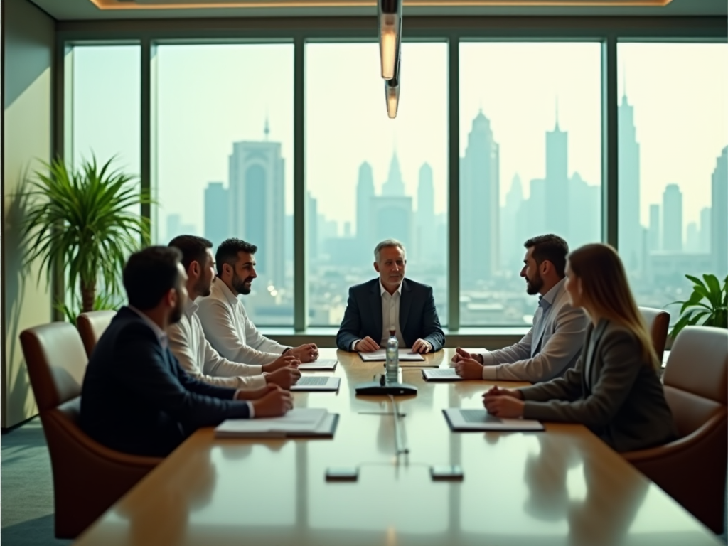 Business professionals conducting a meeting in a boardroom with large windows overlooking a cityscape.