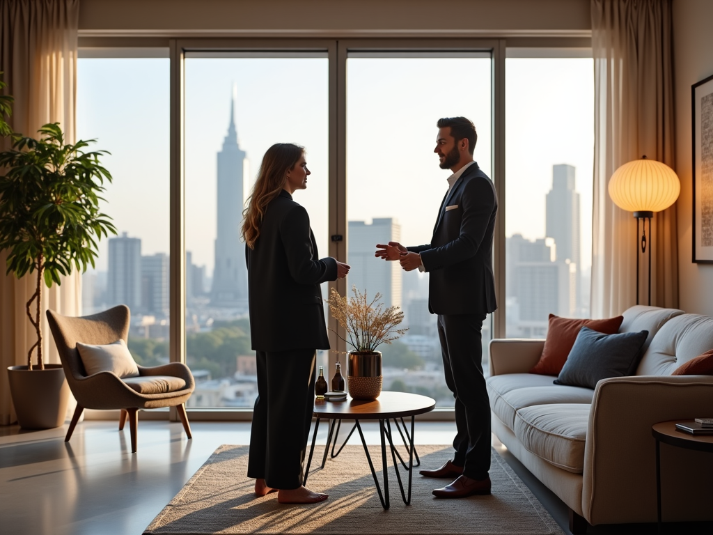 Two professionals talking in a stylish apartment with a city skyline view through large windows.