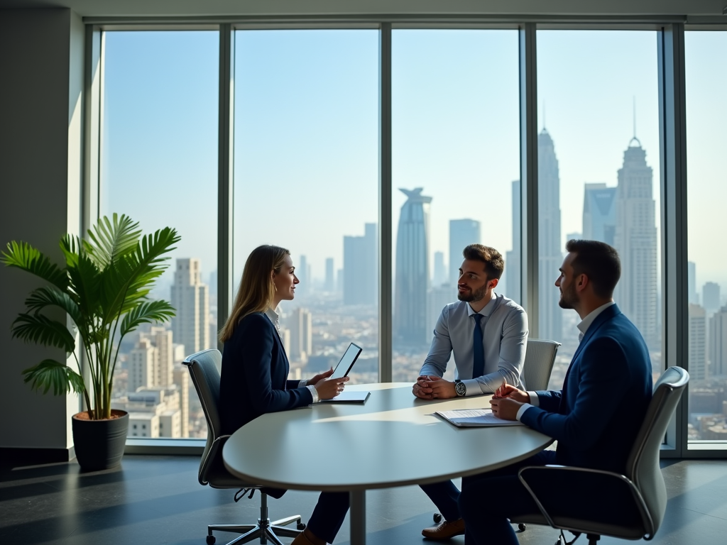 Three professionals discussing at a table in an office with a panoramic city view.