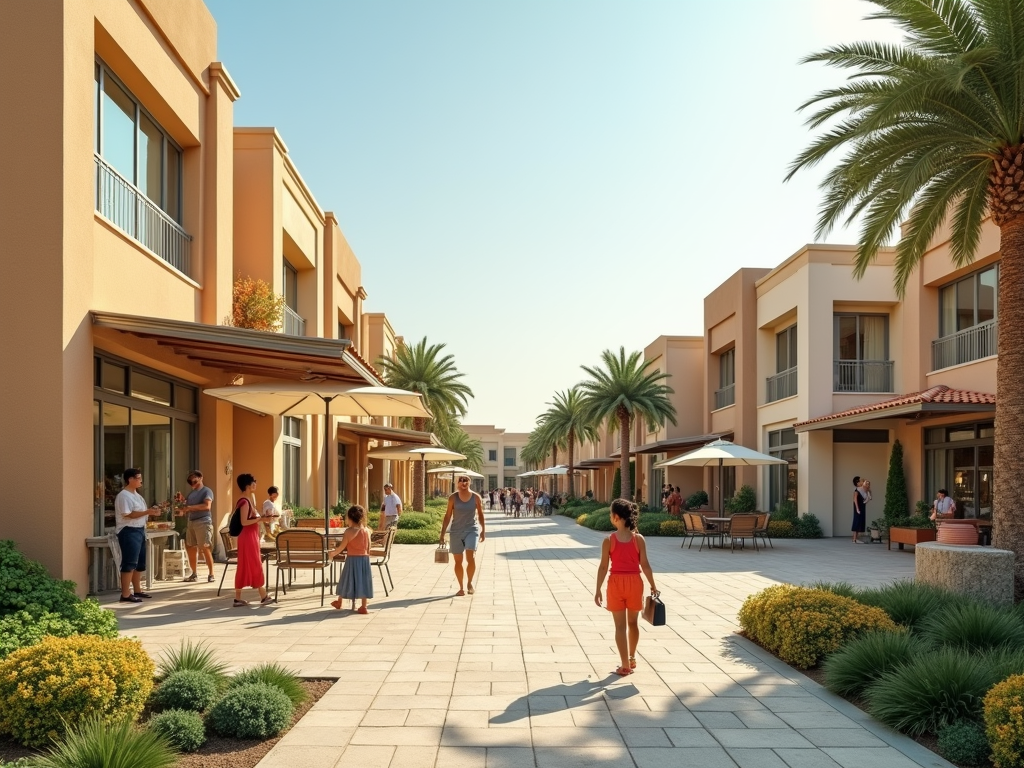 A sunny shopping area lined with palm trees, featuring people walking, dining, and enjoying the vibrant atmosphere.