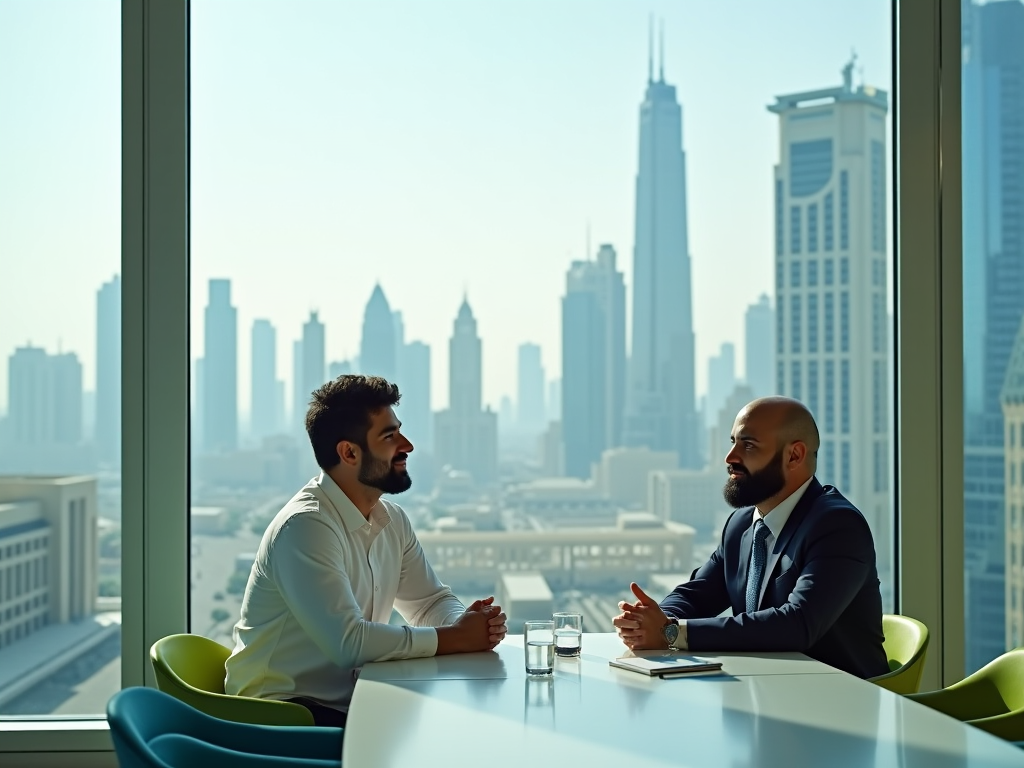 Two men in a business meeting, with a panoramic view of a city skyline in the background.