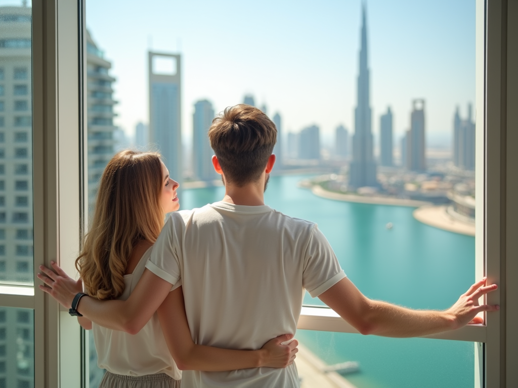 Couple overlooking city skyline and river from high-rise apartment.