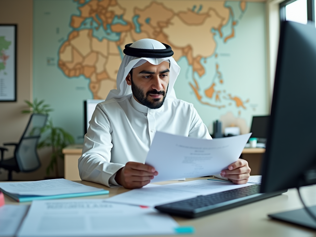 Man in traditional Emirati attire analyzing documents at his office desk with a world map in the background.