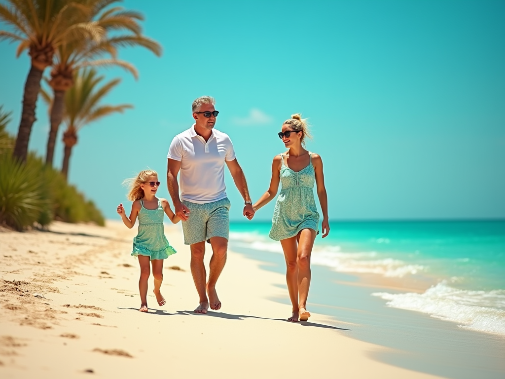 A family walks along a sunny beach, holding hands with palm trees and turquoise water in the background.