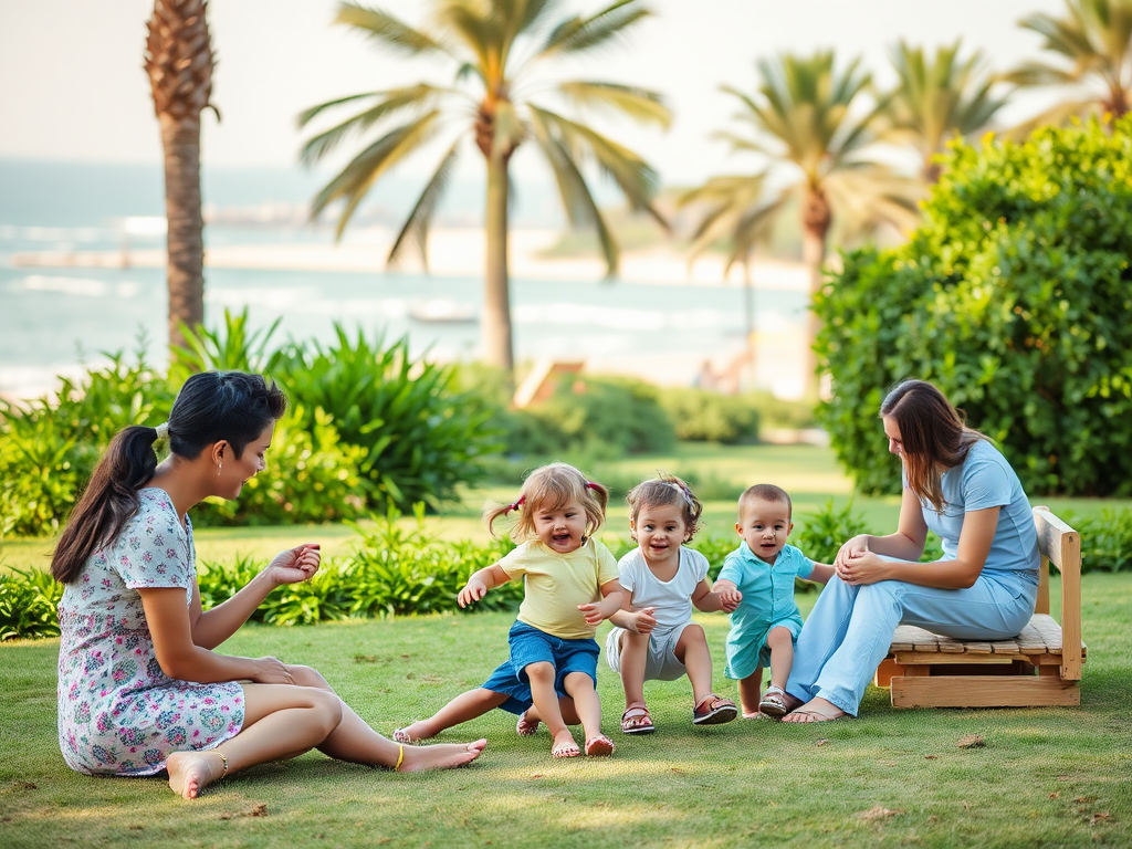 Two adults sit on grass, interacting with four cheerful children in a sunny park with palm trees and ocean in the background.