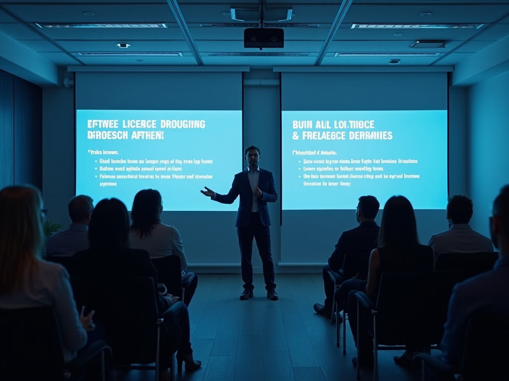 Businessman presenting to audience in a meeting room with two projectors displaying text.