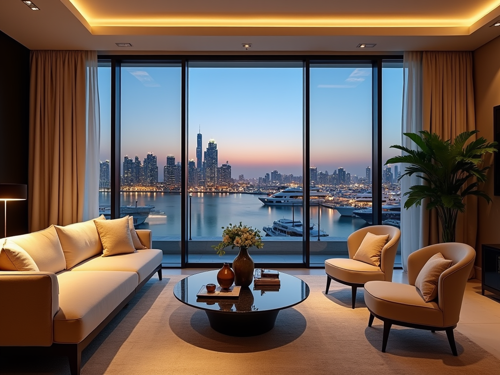 A modern living room with a view of a city skyline, yachts, and water at sunset, featuring cozy furniture.