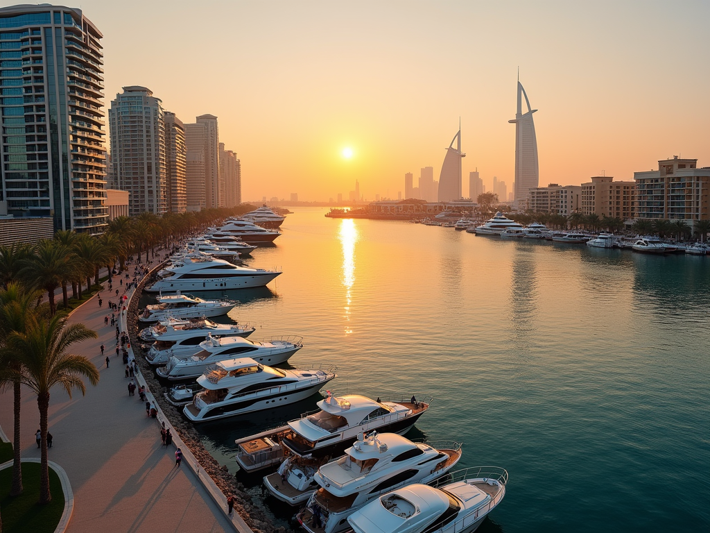 Sunset over Dubai Marina with luxury yachts lined up and skyscrapers in the background.