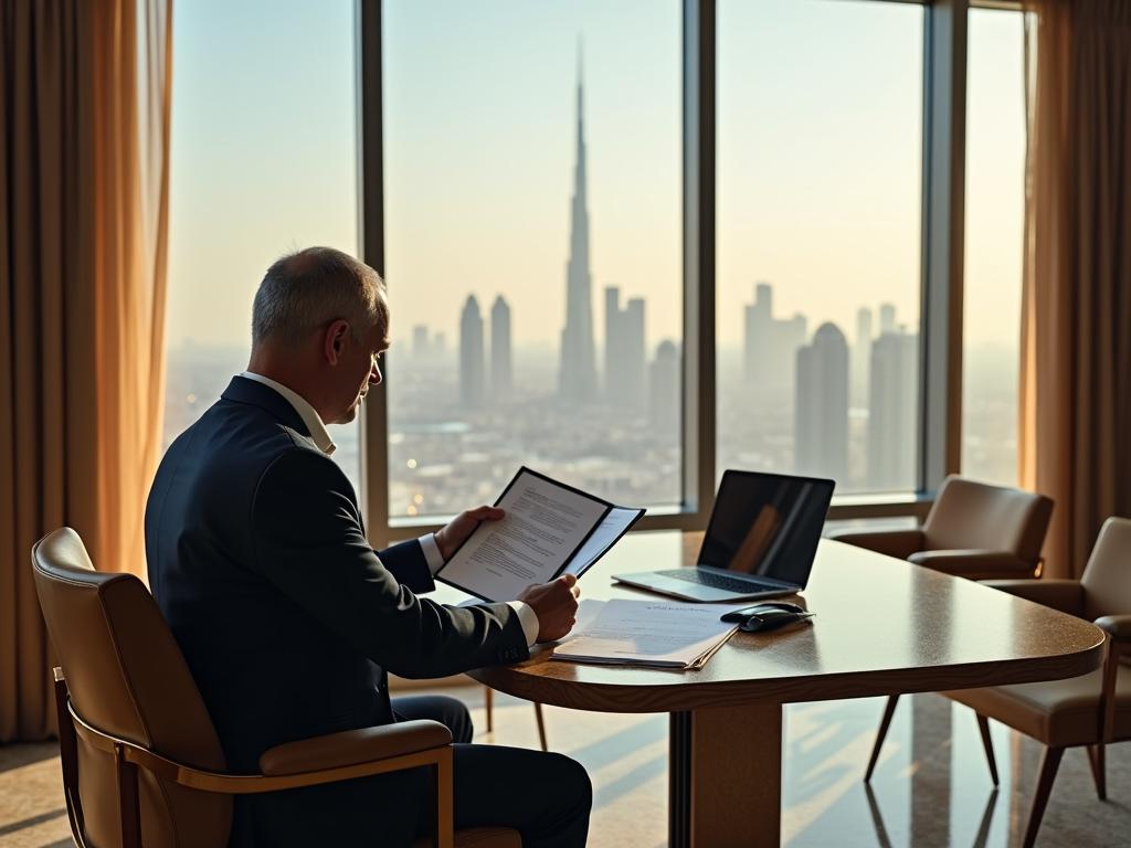 Businessman reviewing documents in office with skyline of Dubai visible through window.