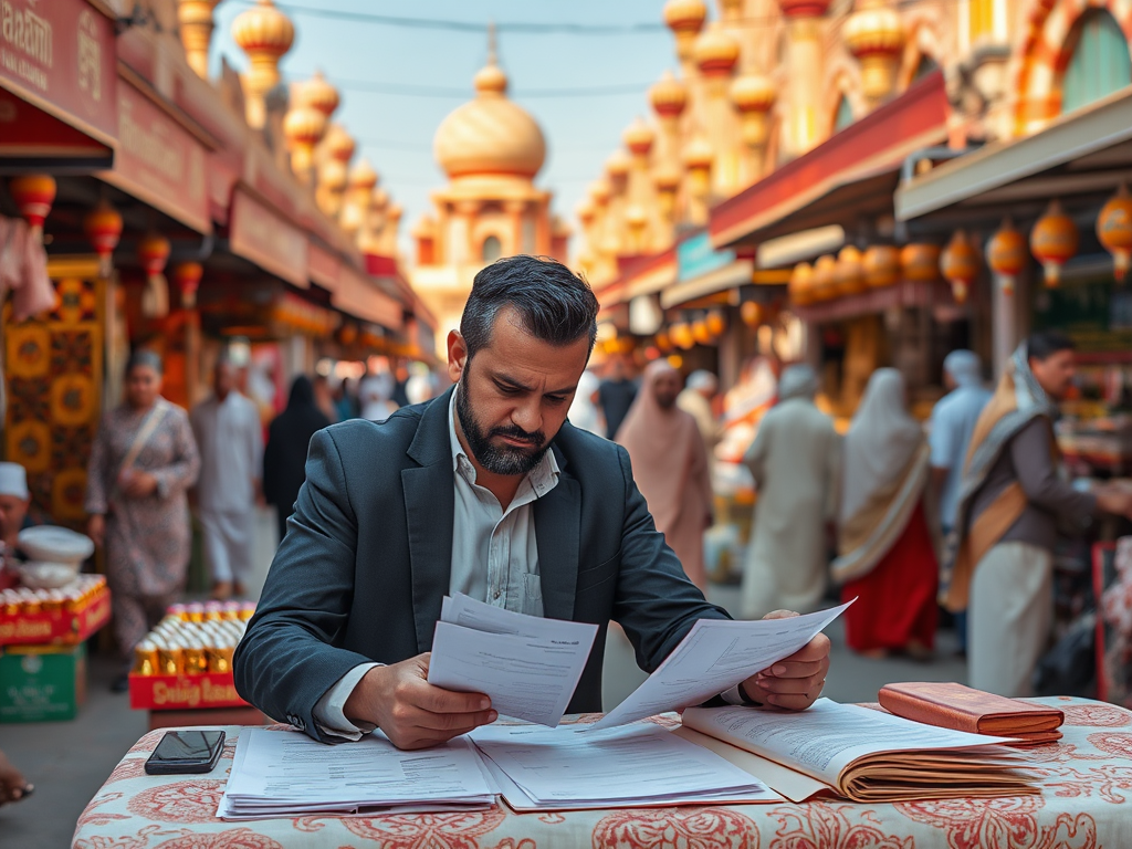 A man in a suit studies documents at a vibrant market, with people and colorful stalls in the background.