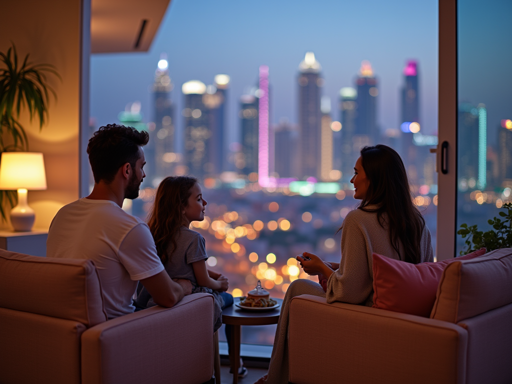 Family enjoying an evening together with a city skyline view from an apartment window.