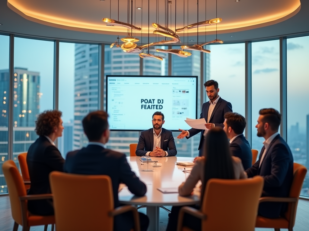 Businessmen conducting a presentation in an office conference room with city view at sunset.