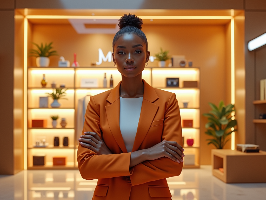 Confident woman in an orange blazer standing with arms crossed in a modern boutique.