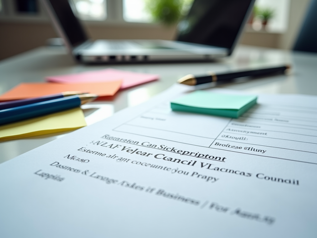 Close-up of a document on a desk titled "NLAf Velar Cancil Vlacncas Council" with pens and laptop blurred in the background.