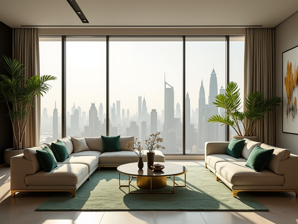 A modern living room with a panoramic city view, featuring a cozy sofa, coffee table, and decorative plants.